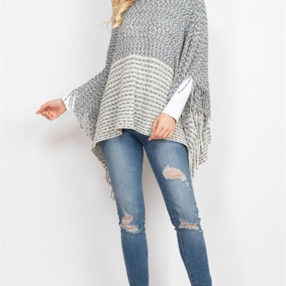 Contemporary Fringe Detailed Poncho Sweater top - Picture 5 of 6